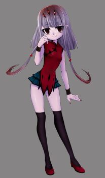 Rule 34 | 1girl, blouse, breasts, china dress, chinese clothes, closed mouth, colored skin, contrapposto, dress, extra eyes, female focus, full body, green skirt, hand up, kai himo, looking at viewer, low twintails, miniskirt, original, over-kneehighs, pelvic curtain, pink skin, pointy ears, purple hair, purple thighhighs, red dress, red eyes, red shirt, red shoes, shirt, shoes, skirt, sleeveless, sleeveless shirt, small breasts, smile, solo, standing, thighhighs, twintails, wristband