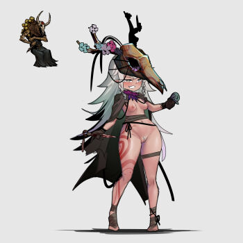 1girl absurdres animal_skull braid breasts cloak commentary dagger darkest_dungeon doll english_commentary female_pubic_hair foot_wraps full_body grin hateful_virago_(darkest_dungeon) highres holding holding_dagger holding_doll holding_knife holding_weapon knife long_hair mask naked_cloak navel nipples pink_eyes pointy_ears pubic_hair pussy reference_inset ringed_eyes skull_mask skull_on_head small_breasts smile solo transparent_background twin_braids voodoo_doll weapon white_hair zhuma