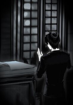 1boy akigawasou black_hair black_shirt cowboy_shot facing_away from_behind greyscale hands_up highres indoors kim_dokja male_focus monochrome omniscient_reader&#039;s_viewpoint shirt short_hair solo