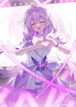 1girl bare_shoulders binato_lulu butterfly_ornament castorice_(honkai:_star_rail) castorice_(star_rail_live_2025)_(honkai:_star_rail) closed_eyes commentary_request cowboy_shot detached_sleeves dress facing_viewer floating_hair happy heart heart_hands highres honkai:_star_rail honkai_(series) jewelry long_hair necklace official_alternate_costume open_mouth pearl_necklace purple_hair signature silver_tiara solo strapless strapless_dress tiara twitter_username very_long_hair white_dress zoom_layer