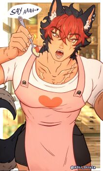 1boy animal_ear_piercing animal_ears apron black_hair black_shorts commentary dog_boy dog_ears dog_tail english_commentary fangs highres holding holding_spoon holi_oliver huge_pectorals komano_manato large_pectorals male_focus multicolored_hair muscular muscular_male pectoral_cleavage pectoral_focus pectorals pink_apron red_eyes red_hair scar scar_on_chest scar_on_face shirt shorts spoon tail white_shirt zenless_zone_zero