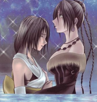 00s 2girls breasts final_fantasy final_fantasy_x grabbing_another&#039;s_breast groping hands_on_breasts large_breasts lulu_(ff10) medium_breasts multiple_girls sideboob square_enix squaresoft yuna_(ff10) yuri