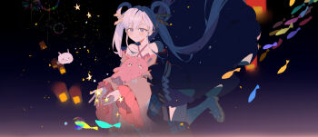 Rule 34 | 1girl, absurdres, bare shoulders, black kimono, blue eyes, cho kaguya-hime!, closed mouth, commentary request, floating clothes, floating hair, frilled sleeves, frills, fushi (cho kaguya-hime!), grey hair, hair floating upwards, hair ornament, hair rings, hair stick, highres, japanese clothes, kimono, long hair, long sleeves, night, octopus, runami yachiyo, school of fish, serien, sky, smile, solo, star (symbol), twintails, very long hair, wide sleeves