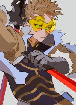 1boy black_shirt boku_no_hero_academia brown_coat brown_eyes closed_mouth coat dual_wielding fur-trimmed_coat fur_trim gloves grey_gloves hawks_(boku_no_hero_academia) highres holding holding_sword holding_weapon horocca looking_ahead male_focus shirt short_hair simple_background solo sword taut_clothes taut_shirt tinted_eyewear upper_body weapon yellow-tinted_eyewear