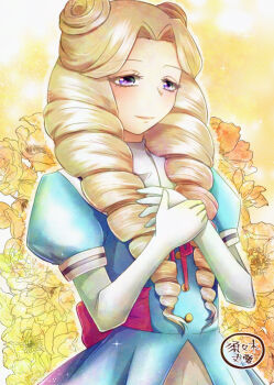 Rule 34 | 1girl, aqua dress, back ribbon, blonde hair, commentary request, dress, drill hair, elbow gloves, floral background, flower, gloves, justice gakuen, kirishima yurika, moero! justice gakuen, purple eyes, red ribbon, ribbon, smile, solo, suzuki (almondcake), turtleneck, twin drills, upper body, white gloves