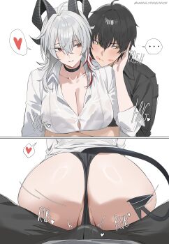 ... 1boy 1girl absurdres ahoge ass averting_eyes black_bra black_choker black_hair black_horns black_jacket black_panties black_pants black_tail blush bra bra_visible_through_clothes breasts bulge button_gap choker collarbone collared_shirt commentary curled_horns demon_tail english_commentary girl_on_top grinding hair_between_eyes hand_on_another's_cheek hand_on_another's_face hand_up heart hetero highres horns hug hug_from_behind jacket large_breasts lipstick_mark lipstick_mark_on_face long_hair looking_at_another male_rover_(wuthering_waves) multicolored_hair no_pants panties pants parted_lips red_eyes rover_(wuthering_waves) shirt smile spoken_ellipsis spoken_heart streaked_hair tail twitter_username underwear unrulyfriedrice wuthering_waves yellow_eyes zani_(wuthering_waves)