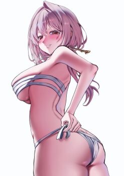 1girl absurdres ass back blush breasts budget_sarashi chest_sarashi commentary_request drooling fundoshi goddess_of_victory:_nikke grey_hair highres japanese_clothes large_breasts long_hair looking_at_viewer looking_back mimu_(cyus7328) open_mouth sarashi scarlet_(nikke) smile solo yellow_eyes