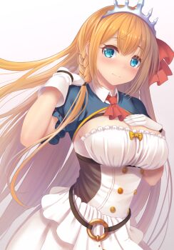 1girl absurdres arm_up ascot blue_eyes blush bow braid breasts cleavage closed_mouth commentary_request dress facing_viewer frilled_sleeves frills gloves gradient_background grey_background hair_ribbon hand_on_own_chest highres koko_(koko3) large_breasts layered_dress long_hair looking_at_viewer pecorine_(princess_connect!) princess_connect! puffy_short_sleeves puffy_sleeves red_ascot red_ribbon ribbon short_sleeves shrug_(clothing) side_braid smile solo split_mouth straight_hair strapless strapless_dress tiara underbust very_long_hair white_dress white_gloves yellow_bow