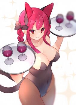 1girl :3 akagashi_hagane animal_ears braid breasts brown_pantyhose cat_ears cleavage cup curvy drinking_glass from_above holding holding_tray kaenbyou_rin large_breasts leotard looking_at_viewer multiple_tails navel pantyhose red_eyes red_hair simple_background solo strapless strapless_leotard subterranean_animism tail touhou tray twin_braids two_tails wine_glass