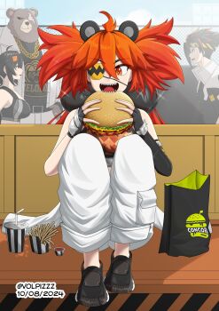 2boys 2girls ahoge animal_ears anton_ivanov bare_shoulders bear_ears ben_bigger black_gloves breasts burger crop_top eyepatch fake_animal_ears fingerless_gloves food gloves grace_howard hair_between_eyes hair_ornament highres holding koleda_belobog long_hair looking_at_viewer midriff mihoyo multiple_boys multiple_girls navel original pants red_eyes red_hair sphere_hair_ornament twintails volpizzz zenless_zone_zero