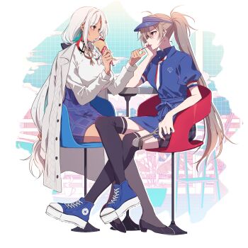 2girls amazuki_jou azur_lane black_shoes black_skirt black_thighhighs blue_hat blue_necktie blue_shirt blue_shoes blue_skirt brown_hair coat coat_on_shoulders collared_shirt commentary_request earrings facial_mark feather_earrings feathers feeding food forehead_mark hat highres holding holding_food jean_bart_(azur_lane) jewelry massachusetts_(azur_lane) multicolored_necktie multiple_girls necktie plaid_clothes plaid_skirt red_hair red_necktie shirt shoes sitting skirt striped_necktie table thighhighs visor_cap white_coat white_hair white_necktie white_shirt