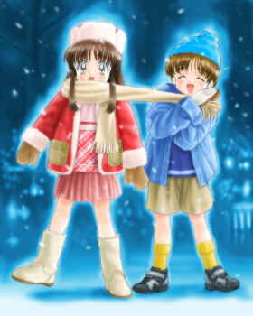 2girls ^_^ bad_id bare_tree beanie black_hair black_shoes blue_hat boots brown_eyes brown_gloves brown_hair brown_scarf brown_shorts closed_eyes clothes_grab fringe_trim fur-trimmed_jacket fur_hat fur_trim gloves goto_p hat jacket long_hair mittens multiple_girls neckwear_grab open_clothes open_jacket open_mouth original outdoors papakha pink_skirt plaid_clothes plaid_shirt pleated_skirt red_jacket red_shirt scarf scarf_grab shirt shoes short_hair shorts sidelocks skirt smile sneakers snow snowing socks surprised tree velcro_footwear white_boots white_hat winter yellow_socks