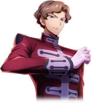 1boy artist_request blue_eyes brown_hair claudio_s._darlton clenched_hand closed_mouth code_geass code_geass:_lost_stories cropped_torso game_cg gloves hand_up jacket long_sleeves looking_afar male_focus military_uniform non-web_source official_art red_jacket serious short_hair simple_background solo standing transparent_background upper_body white_gloves