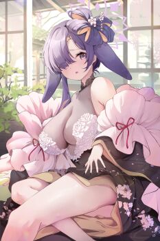 1girl absurdres animal_ears architecture black_nails blue_archive breasts cleavage commentary_request detached_sleeves droopy_ears ears_down east_asian_architecture floppy_ears flower-shaped_hair flower_dress hair_over_one_eye halo highres kimono_dress large_breasts lop_rabbit_ears official_alternate_costume official_alternate_hairstyle pink_sleeves purple_halo rabbit_ears rabbit_girl raccoon_ears see-through_cleavage see-through_clothes solo tomo_(tomosa011326) tsukuyo_(blue_archive) tsukuyo_(dress)_(blue_archive)