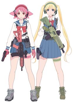 Rule 34 | 2girls, arms at sides, assault rifle, azuma kiyohiko, belt, belt pouch, black belt, blonde hair, blue dress, blue eyes, blue sailor collar, blue skirt, blush, boots, bow, bowtie, breasts, chest harness, closed mouth, collarbone, collared shirt, commentary, dress, dress shirt, expressionless, frilled thigh strap, frown, glock, gloves, green gloves, grey footwear, gun, h&amp;k hk416, handgun, harness, headphones, headset, high tops, highres, holding, holding gun, holding weapon, holster, holstered, howa type 89, light blush, long hair, long sleeves, looking at viewer, microphone, multiple girls, official art, pinafore dress, pink gloves, pink hair, pleated dress, pleated skirt, pouch, red bow, red bowtie, red eyes, reset (wonder festival), rifle, sailor collar, school uniform, shirt, shoes, short hair, side-by-side, simple background, skirt, sleeveless, sleeveless dress, small breasts, sneakers, standing, straight-on, strap, tactical clothes, thigh holster, thigh strap, trigger discipline, twintails, very long hair, walkie-talkie, wanda (wonder festival), weapon, white background, white shirt, wonder festival