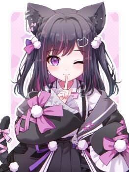 1girl ;3 absurdres animal_ear_piercing animal_ears artist_request bell_sleeves black_hair black_jacket black_skirt border bow bow_earrings bowtie breasts cat_ears cat_girl cat_hair_ornament cat_tail closed_mouth colored_inner_hair criss-cross_ribbon earrings extra_ears finger_to_mouth hair_intakes hair_ornament half_crown_braid hand_on_own_hip hand_up happy high-waist_skirt highres index_finger_raised indie_virtual_youtuber jacket jewelry long_sleeves looking_at_viewer medium_hair mismatched_earrings multicolored_hair one_eye_closed open_clothes open_jacket outline outside_border pink_background pink_bow pink_bowtie pink_ribbon pleated_skirt pom_pom_(clothes) pom_pom_hair_ornament purple_eyes purple_hair ribbon shirt_tucked_in shushing skirt sleeve_bow sleeve_ribbon small_breasts smile solo straight-on streaked_hair suspender_skirt suspenders swept_bangs tail tail_bow tail_ornament tail_ribbon upper_body white_border white_outline