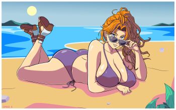 Rule 34 | 1girl, artist name, ass, bare shoulders, beach, bikini, bleach, bleach: brave souls, blue eyes, breasts, collarbone, commission, female focus, large breasts, long hair, looking at viewer, lying, matsumoto rangiku, ocean, official alternate costume, on stomach, orange hair, pills-in-a-cup, sand, sandals, shiny skin, side ponytail, sunglasses, swimsuit, thighs, water