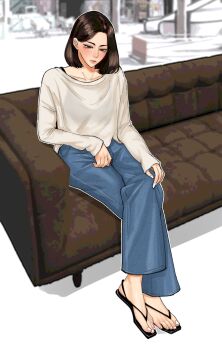 1girl brown_eyes brown_hair couch crossed_legs emmi feet highres medium_hair sandals toes