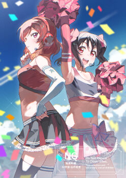 Rule 34 | 2girls, :d, absurdres, arm up, bare shoulders, black hair, black shirt, black skirt, black socks, blue sky, blurry, blurry background, blush, bow, cheering, cheerleader, cloud, commentary request, confetti, crop top, crop top overhang, elbow gloves, frilled skirt, frills, from side, full body, gloves, hand on own chin, hand on own hip, headphones, highres, holding, holding pom poms, inazuma (elect line), kneehighs, looking at viewer, looking to the side, love live!, love live! school idol project, medium hair, miniskirt, multiple girls, nishikino maki, open mouth, pink bow, pleated skirt, pom pom (cheerleading), pom poms, purple eyes, red gloves, red hair, shirt, short hair, short twintails, simple background, skirt, skirt bow, sky, sleeveless, sleeveless shirt, smile, socks, takaramonozu, twintails, watermark, white gloves, white shirt, white skirt, white socks, yazawa nico