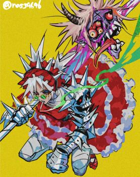 1girl cigarette decapitation dress extra_eyes eyeshadow frilled_dress frilled_headwear frills full_body holding holding_sword holding_weapon horns magical_girl maid_headdress makeup monster nass9696 original red_eyes short_hair short_twintails signature smoke smoke_trail smoking spiked_gauntlets spiked_headband sunglasses sword tongue tongue_out twintails weapon yellow_background