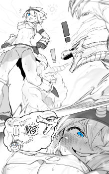 ! 1girl absurdres blue_eyes blush breasts close-up covered_erect_nipples dragon female_focus hair_between_eyes highres kirin_(armor) medium_breasts monochrome monster monster_hunter_(series) niwarhythm original sequential short_hair smile speech_bubble spot_color surprised sweat thought_bubble torn_clothes very_sweaty