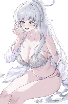 1girl blue_archive bra commentary_request fuchi_(0616tk) halo highres lace lace-trimmed_bra lace_trim looking_at_viewer mechanical_halo noa_(blue_archive) open_clothes open_shirt ponytail purple_eyes shirt sitting smile solo strap_slip underwear white_hair white_halo white_shirt