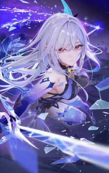 1girl absurdres azurelight_(genshin_impact) bare_shoulders breasts broken_glass closed_mouth commentary_request crossed_bangs crystal_shards dekalco diamond-shaped_pupils diamond_(shape) dress expressionless floating_hair genshin_impact glass glass_shards glowing hair_between_eyes hair_ornament halter_dress halterneck highres holding holding_sword holding_weapon light_particles long_hair looking_at_viewer medium_breasts midair night night_sky prosthesis prosthetic_arm prosthetic_leg purple_dress red_eyes revision short_dress sidelocks skirk_(genshin_impact) sky sleeveless sleeveless_dress solo sparkle star_(sky) sword symbol-shaped_pupils very_long_hair weapon white_hair