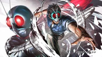 2boys black_bodysuit black_pants blue_shirt bodysuit clenched_hand green_helmet green_mask helmet highres kamen_rider kamen_rider_(1st_series) kamen_rider_1 male_focus masukudo_(hamamoto_hikaru) multiple_boys official_art pants shirt tanzaburou_toujima toujima_tanzaburou_wa_kamen_rider_ni_naritai