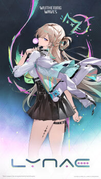 1girl absurdres black_skirt blonde_hair blowing_bubble_gum bracelet breasts character_name chewing_gum commentary copyright_notice ear_piercing english_commentary english_text fingernails from_behind gradient_background hair_ornament high-waist_skirt highres jacket jewelry logo long_hair looking_at_viewer looking_back lynae_(wuthering_waves) medium_breasts multicolored_hair multicolored_nails nail_polish o-ring o-ring_thigh_strap official_art piercing pleated_skirt purple_eyes shirt shirt_tucked_in skirt solo streaked_hair tacet_mark_(wuthering_waves) thigh_strap white_jacket white_shirt wuthering_waves