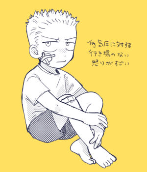 1boy 20th_century_fox annoyed bare_legs barefoot bart_simpson chawako_(spchawanmushi) child colored_skin feet highres injury japanese_text legs male_focus patch shirt shorts shota sitting solo spiked_hair the_simpsons toes yellow_skin