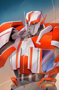 1boy blue_eyes corporealbox helmet highres humanoid_robot machine mecha mecha_focus no_humans ratchet_(transformers) robot science_fiction transformers transformers_prime v-fin