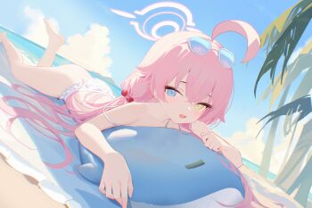 1girl beach beach_mat bikini blue-tinted_eyewear blue_archive blue_eyes blush day eyewear_on_head frilled_bikini frills hair_bobbles hair_ornament halo heterochromia highres hoshino_(blue_archive) hoshino_(swimsuit)_(blue_archive) inflatable_toy inflatable_whale long_hair looking_at_viewer low_twintails lying nyarnya ocean official_alternate_costume on_stomach open_mouth pink_hair pink_halo solo strap_slip sunglasses swimsuit tinted_eyewear twintails white-framed_eyewear white_bikini yellow_eyes