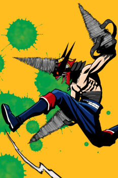 blue_pants chainsaw_man cosplay denji_(chainsaw_man) denji_(chainsaw_man)_(cosplay) drill glowing glowing_eyes helmet heydove jumping muscular muscular_male open_mouth pants red_helmet sharp_teeth simon_(ttgl) teeth tengen_toppa_gurren_lagann topless_male