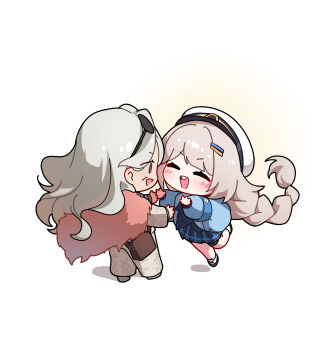 2girls ^_^ absurdres armband arms_up bag blue_armband blue_jacket blue_skirt blush braid buck_teeth cape chibi closed_eyes commentary_request deformed eyewear_on_head formal_clothes fur_cape goddess_of_victory:_nikke grey_eyes greyhound hair_ornament hairpin handbag hat highres jacket korean_commentary leg_up long_hair long_sleeves looking_at_another multiple_girls nora_(nikke) official_alternate_costume open_mouth pant_suit pants pleated_skirt shoes simple_background skirt smile soline_(frost_ticket)_(nikke) soline_(nikke) suit sunglasses teeth twin_braids uz_(uzru0428) very_long_hair white_background