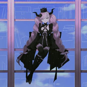 1girl black_boots black_dress black_flower black_gloves black_horns black_thighhighs blue_background boots braid breasts cleavage closed_mouth closed_umbrella crown detached_sleeves dress fingerless_gloves flower full_body gloves hai_(haihki) hair_flower hair_ornament highres horns knee_boots long_hair long_sleeves looking_at_viewer master_detective_archives:_rain_code medium_breasts pink_eyes pink_hair ribbon shinigami_(rain_code) sitting smile solo thighhighs twin_braids umbrella very_long_hair white_ribbon