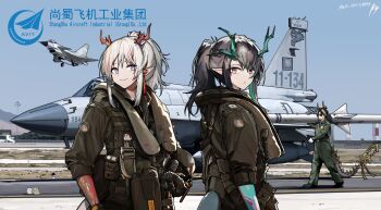 1boy 2girls aircraft airplane alternate_costume arknights black_hair brother_and_sister chongyue_(arknights) colored_skin dragon_boy dragon_girl dragon_horns dragon_tail dusk_(arknights) earrings fighter_jet gradient_skin green_hands green_horns green_skin highres horns jewelry kuroinu9 military military_vehicle multicolored_hair multiple_girls nian_(arknights) pointy_ears red_eyes red_horns red_skin second-party_source siblings sisters streaked_hair tail tassel tassel_earrings