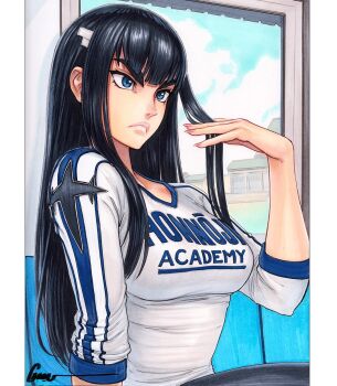 1girl alternate_costume artist_name black_hair blue_eyes breasts clothes_writing frown highres indoors kill_la_kill kiryuuin_satsuki large_breasts long_hair long_sleeves omar_dogan shirt sidelocks signature solo striped_clothes upper_body white_shirt window