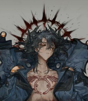 1boy bare_pectorals black_hair blood blood_on_clothes blood_on_face blood_on_ground blue_jacket carved_skin closed_eyes death fudo_yusei implied_murder jacket jacket_on_shoulders lying male_focus momentcorefly on_back on_ground pectorals popped_collar shoulder_pads source_request spiked_hair yu-gi-oh! yu-gi-oh!_5d's