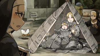 5girls :d :o bird blonde_hair blue_eyes brown_hair candle chicken closed_eyes clumsy_nun_(diva) commentary diva_(hyxpk) duck duct_tape english_commentary froggy_nun_(diva) highres little_nuns_(diva) mole mole_under_mouth multiple_girls newspaper nun open_mouth sign smile spicy_nun_(diva) strict_nun&#039;s_mother_(diva) strict_nun_(diva) sweatdrop tent traditional_nun yellow_eyes