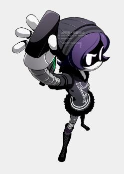 1girl 2025 arm_up bad_id bad_twitter_id beanie black_boots black_hat black_jacket black_socks boots closed_mouth dated fewer_digits flat_chest foreshortening from_above frown full_body fur-trimmed_jacket fur_trim glitch_productions grey_background hand_on_own_hip hat highres holding humanoid_robot inactive_account jacket knee_boots kneehighs lace-up_boots legs_apart looking_at_viewer mechanical_arms mechanical_legs murder_drones purple_hair robot short-sleeved_jacket short_hair short_sleeves simple_background socks solo sonokare standing striped_clothes striped_socks twitter_username uzi_(murder_drones) v-shaped_eyebrows watermark white_eyes