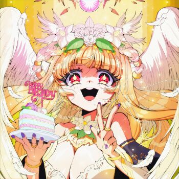 1girl angel bad_id bad_pixiv_id blonde_hair breasts cake chaos_therese_(grimms_notes) cleavage feathered_wings fingernails food grimms_notes halo holding_cake holding_food large_breasts open_mouth parudy88 purple_nails red_eyes smile solo teeth tongue upper_teeth_only white_wings wings