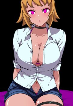 1girl absurdres artist_name batta_16-sei black_background black_choker blush bra bra_peek breasts choker cleavage closed_mouth collarbone collared_shirt commentary_request cowboy_shot denim denim_shorts empty_eyes gundam gundam_build_fighters gundam_build_fighters_try highres hoshino_fumina large_breasts looking_at_viewer navel open_fly orange_hair panties panty_peek partially_unbuttoned pink_eyes pubic_tattoo shirt short_hair shorts sitting smile solo split_mouth tan tattoo thigh_strap underwear white_shirt