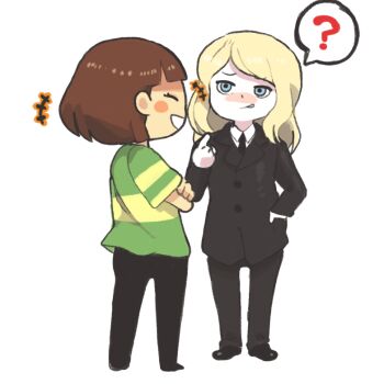 Rule 34 | 1boy, 1other, ?, ambiguous gender, black pants, blonde hair, blue eyes, brown hair, chara (undertale), closed eyes, confused, crossover, formal clothes, green shirt, inkerton-kun, pants, shin megami tensei, shirt, smile, striped clothes, suit, talking, undertale, utdr (toby fox), white background