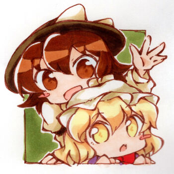 Rule 34 | :d, :o, black hat, blonde hair, blush stickers, bow, bowtie, brown eyes, brown hair, collared shirt, dress, fang, hair between eyes, hair bow, hand rest, hat, hat bow, highres, long sleeves, looking at viewer, maribel hearn, marker (medium), mob cap, open mouth, purple dress, red bow, red bowtie, sanwa no jako (daikichi club), shirt, short hair, single blush sticker, sleeve cuffs, sleeve garter, smile, touhou, traditional media, usami renko, waving, white background, white bow, white hat, white shirt, yellow eyes