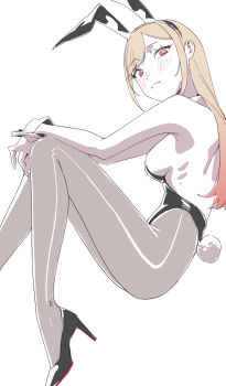 1girl animal_ears armpits ass bare_arms bare_shoulders blonde_hair blush breasts fake_animal_ears fake_tail high_heels highleg highleg_leotard highres kitagawa_marin leotard looking_at_viewer medium_breasts narrow_waist nmm pantyhose playboy_bunny red_eyes ribs sideboob simple_background solo sono_bisque_doll_wa_koi_wo_suru tail white_background