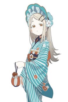 Rule 34 | 1girl, aqua bonnet, aqua kimono, bag, black ribbon, blonde hair, bonnet, choker, cowboy shot, earrings, flipped hair, floral print, floral print kimono, flower, frilled bonnet, frills, gakuen idolmaster, gradient hair, grey hair, hair flower, hair ornament, hand up, highres, holding, holding bag, idolmaster, japanese clothes, jewelry, kan ppang, kimono, kinchaku, long hair, long sleeves, looking at viewer, multicolored hair, obi, obiage, obijime, orange eyes, parted bangs, parted lips, pouch, print kimono, ribbon, ribbon choker, sash, shinosawa hiro, simple background, solo, striped clothes, striped kimono, stud earrings, white background, white flower, wide sleeves