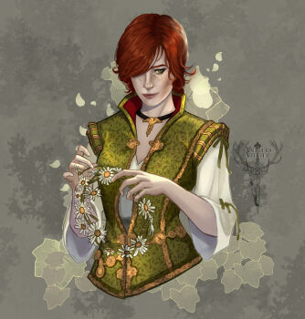 Rule 34 | 1girl, absurdres, black choker, choker, flower, flower wreath, green eyes, green jacket, grey background, hair over one eye, highres, holding, holding wreath, jacket, pendant choker, red hair, shani (the witcher), shirt, short hair, sleeveless, sleeveless jacket, solo, the witcher (series), the witcher 3, tkacz-art, upper body, white flower, white shirt