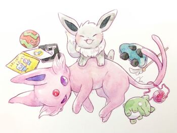Rule 34 | alternate color, ball, car, cat teaser, closed eyes, eevee, eiscue, eiscue (ice), espeon, evolutionary line, full body, gen 1 pokemon, gen 2 pokemon, gen 4 pokemon, gen 8 pokemon, magazine (object), motor vehicle, nintendo, no humans, non (kumakawayusu), open mouth, painting (medium), piplup, pokemon, pokemon (creature), shiny pokemon, signature, simple background, substitute (pokemon), traditional media, watercolor (medium), yarn, yarn ball
