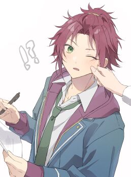 !? 1boy 1other absurdres bangs_pinned_back blue_jacket cheek_pinching commentary ensemble_stars! green_eyes green_necktie highres holding holding_paper holding_pen hood hood_down hooded_jacket isara_mao jacket lapels layered_sleeves light_blush looking_to_the_side male_focus necktie one_eye_closed open_mouth paper pen pinching red_hair reijiro school_uniform shirt sidelocks solo_focus surprised upper_body white_background white_shirt yumenosaki_school_uniform