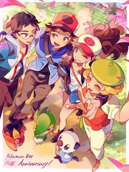 2boys 2girls backwards_hat baseball_cap bianca_(pokemon) blue_jacket cheren_(pokemon) denim denim_shorts exposed_pocket bad_tag gen_5_pokemon hat highres hilbert_(pokemon) hilda_(pokemon) jacket multiple_boys multiple_girls nintendo oshawott pantyhose poke_ball_print pokemon pokemon_(creature) pokemon_bw selyg15 shorts snivy starter_pokemon_trio tepig zipper_pull_tab